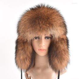 Berets Winter Genuine Fur Hats For Women Luxury Real Raccoon Hat Trapper Caps Russian Style Bombers