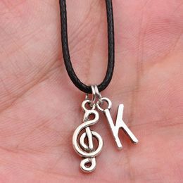 Pendant Necklaces A-Z Letter Music Note DIY Tibetan Silver Color Black Leather Necklace Fashion Handmade Jewelry For Men Women