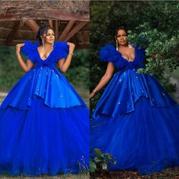 Fashion Blue Ball Gown Prom Dresses Satin Sexy V Neck Beads Sequins Formal Evening Occasion Gowns For Black Girls