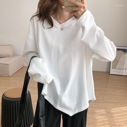 Women's T Shirts Autumn Women Shirt V Neck Cotton Irregular Thin Long Sleeve Loose Basic Casual Solid Color Korean White Blouse Female