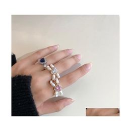 Band Rings Fashion Sparkling Colorf Diamond Ring Hand Woven Pearl Adjustable Elasticity Simple Peal Accessories Q261Fz Drop Delivery Dh5Fi