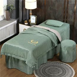 Bedding Sets Cotton Linen 4pcs For Beauty Salon Embroideried Bed Sheets Massage Spa Bedskirt Stoolcover Pillowcase Cover