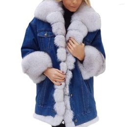 Women's Jackets 4XL 5XL Warm Thick Denim Jacket Women Winter 2023 Oversize Coat Faux Fur Long Sleeve Midi Overcoat Female Outwear Clothes