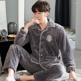 Men's Sleepwear Men Pyjama Set Coral Fleece Winter Long Sleeve Embroider Pajama Suit Autumn Nightwear Collar Pijama Male Two Piece