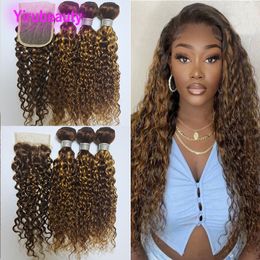 Brazilian Human Hair Peruvian Indian P4 27 Piano Colour Water Wave 3 Bundles With 4X4 Lace Closure Baby Hairs Yirubeauty 10-30inch