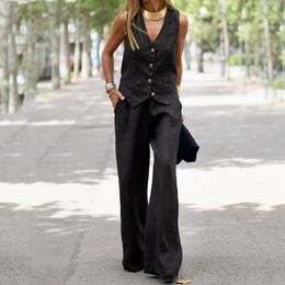 Women's Two Piece Pants Women's Suit 2023 Fashion V-Neck Vest Top Baggy Trousers Solid Colour Two-Piece