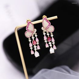 Dangle Earrings Colourful Fashion Pink White Purple Colour Butterfly Tassel Crystal Long For Women