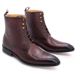 Dress shoes Luxury Mens Ankle Boots Real Cow Leather Snake Pattern Street Style