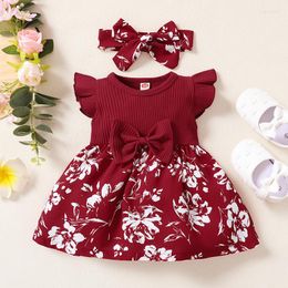 Girl Dresses Baby Girls 2Pcs Fall Romper Dress Outfits Sleeve Bow Front Floral Printed Headband Set