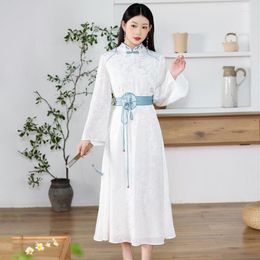 Casual Dresses Cheongsam Autumn 2023 Young High-End Elegant Trumpet Sleeve Chinese-Style Jacquard Embroidery Belt Lady Dress S-XXL