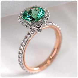 Wedding Rings Gorgeous Round Green Stone Women Micro Paved Glass Filled Noble Gift Lady Engagement Ring Classic