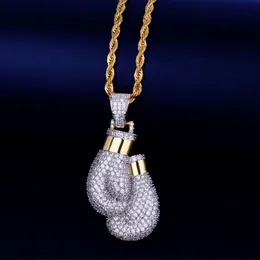 Chains Bling Boxing Gloves Pendant Necklace & Charm Free Rope Chain Gold Colour Iced Cubic Zircon Men's Hip Hop Jewellery
