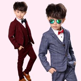 Clothing Sets Child Blazer Suit Coat Vest Pant 3 Parts Slim Boy Wedding Dress 2 To 12 Years Old Kid Gentle Party Plaid