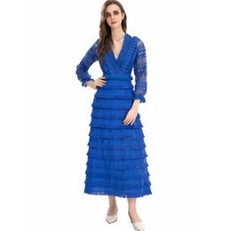 Women's Runway Dresses V Neck Long Sleeves Embroidery Lace Tiered Ruffles Elegant Fashion Designer Party Prom Gown