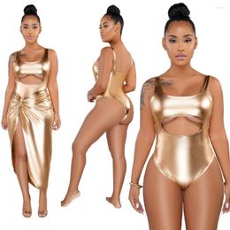 Work Dresses Gold Two Piece Set Sexy Bodysuits Split Long Skirt Sets Club Party 2 Women