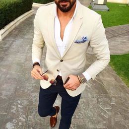 Men's Suits 2023 Fashion Mens Beige Blazer Navy Blue Pants 2 Piece Groom Tuxedos Slim Fit Men Wedding Prom Party Suit (Jacket Pants)