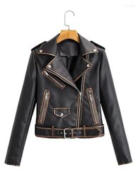 Women's Leather Ailegogo Autumn Women Vintage Faux Soft Short Jacket With Belt Streetwear Motor Biker Pu Coat Retro Outwear