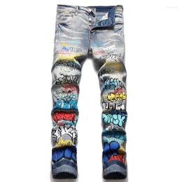 Men's Jeans Hi Street Painted Ripped Mens Streetwear Distressed Denim Pants Washed Blue Graffiti Trousers Slim Fit