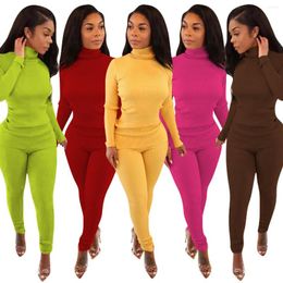 Women's Two Piece Pants High Quality Casual Simple Solid Colour Fall Ribbed Custom Sport Set Turtleneck Long Sleeve Women Winter Sets