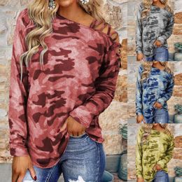 Women's Blouses Camouflage Printed Slash Neck Layd Top Crossed Straps Hollow Out Women Blouse Elastic Long Sleeve Stretchy Pullover