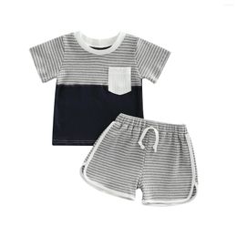Clothing Sets 2023-05-25 Lioraitiin 0-24M Kids Boys Pants Suit Short Sleeve Round Neck Plaid Print Tops Summer Casual