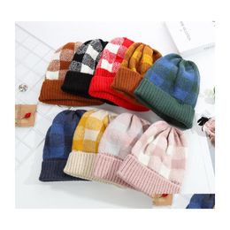 Beanie/Skull Caps Autumn Winter Women Knitted Hat Plaid Warm Beanie Skl Knitting Hats Drop Delivery Fashion Accessories Scarves Glove Dho3F