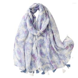 Scarves Simple And Elegant Fresh Cotton Linen Feel Scarf Women's Art Rendering Ink Painting Blue White Handmade Tassel Shawl S