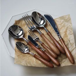 Dinnerware Sets Wood Retro Cutlery Designer Reusable High Quality Dinner Kitchen Fork Spoons Dessert Breakfast Talheres OA50DS