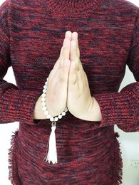 Strand 8MM White Jades Bracelet Hand Knotted Mala Mini Rosaries Bracelets Healing Beads Energy Prayer Bodhi Pendant Yoga