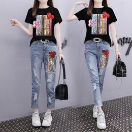 Women's Two Piece Pants 2023 Summer Women Sets Fashion Short Sleeve Sequins T Shirt Hole Jeans 2pcs Female Girl Casual Denim Suit