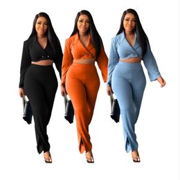 Designer Tracksuits Women Two 2 Piece Sets Fall Winter Solid Outfits Office Lady Fashion Shirt and Wide Leg Pants Matching Bulk Items Wholesale Clothes 8249