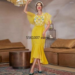 Ethnic Clothing Eid Muslim Arabic Dress Women Arabian Party Gown Moroccan Kaftan Abaya Dubai Summer Yellow Mesh Patchwork Short Sleeve