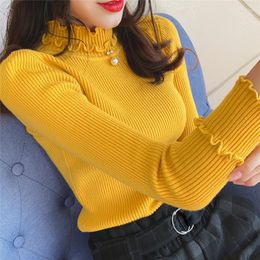 Women's Sweaters Autumn Winter Slim Fit Knitted Pullovers Women Long Sleeved Ruched Knit Top Ladies Casual Mock Neck Knitting Sweater