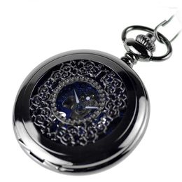 Pocket Watches Luxury Floral Black Watch Vintage Roman Numbers Display Analog Mechanical Hand Wind Fob For Men Women