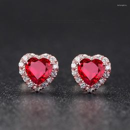 Stud Earrings Classic For Women S925 Silver Heart Red Gemstone Wedding Engagement Promise Bridal Elegant Jewellery