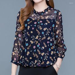 Women's Blouses Chiffon Blouse Female2023 Spring Covered Belly O Neck Long Sleeve Casual Thin Versatile Floral Bottoming Female Tops