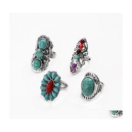 Band Rings Fashion Jewellery Ethnic Style Ring Retro Turquoise Carved Hollowed Flower Set 4Pcs/Set Drop Delivery Dh3Hc