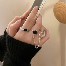 Wedding Rings Punk Vintage Silver Color Open For Women Trendy Girl Love Heart Tassel Chain Hip Hop Knuckle Joints Jewellery