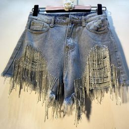 Women's Shorts Fashion Rhinestone Heavy Tassels Nail Diamond Beads Korean High Waist Light Blue Denim Women Sexy Club Wear 2023 Summer