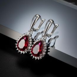 Stud Earrings Fashion Women Ruby Water Drop Oval Pendant Set With Zircon Crystal Stainless Steel Charming Jewellery