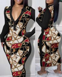 Casual Dresses Sexy Dressed For Women 2023 Daily Scarf Chain Print Long Sleeve Ruched Bodycon Mid-Calf Dress