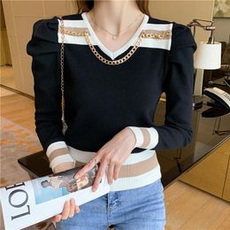 Women's Sweaters Autumn Winter Knitting Pullover Sweater For Women Long Sleeves V Neck Casual Slim Fit With Chain Houthion