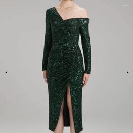 Casual Dresses Latest 2023Top Quality Texture Dark Green Sequined Asymmetrical Shoulder Ruched Side Slit Slim Sexy Midi Dress