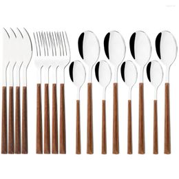 Dinnerware Sets 24pcs Wooden Handle Set Stainless Steel Cutlery Fork Tea Spoon Knives Tableware Silverware Kitchen Flatware