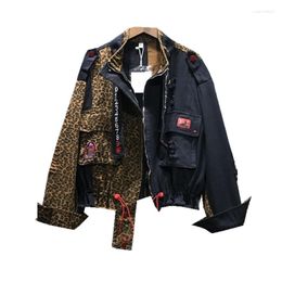 Women's Jackets Personalised Leopard Denim Jacket Female Spring 2023 Stand Collar Zipper Loose-Fit Lettering Jeans Ropa Mujer