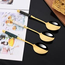 Dinnerware Sets 6Pcs Ceramic Handle Spoon Stainless Steel Soup Long Gold Dessert Round Dinner Set Tableware