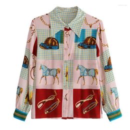 Women's Blouses & Shirts Fashion Women Chian Horse Printing 2023 Spring Summer Blouse Long Sleeve Tops Blusas MujerWomen's Eldd22