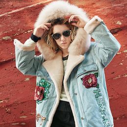 Women's Trench Coats Women Winter Thick Hooded Denim Jacket Real Fur Padded Cotton Parka Female Flower Letter Sequins Plus Size Long