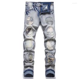 Men's Jeans Men's Punk Style Pants With Patches Fashion Hi Street Ripped Denim Trousers Washed Blue Straight Fit Bottoms