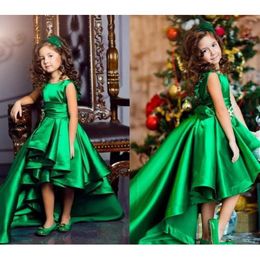 Girl Dresses Girl's Flower Girls for Wedding Emerald Green Taffeta Pageant O Neck Kids Party 2023 High Low Girlsgirl's's